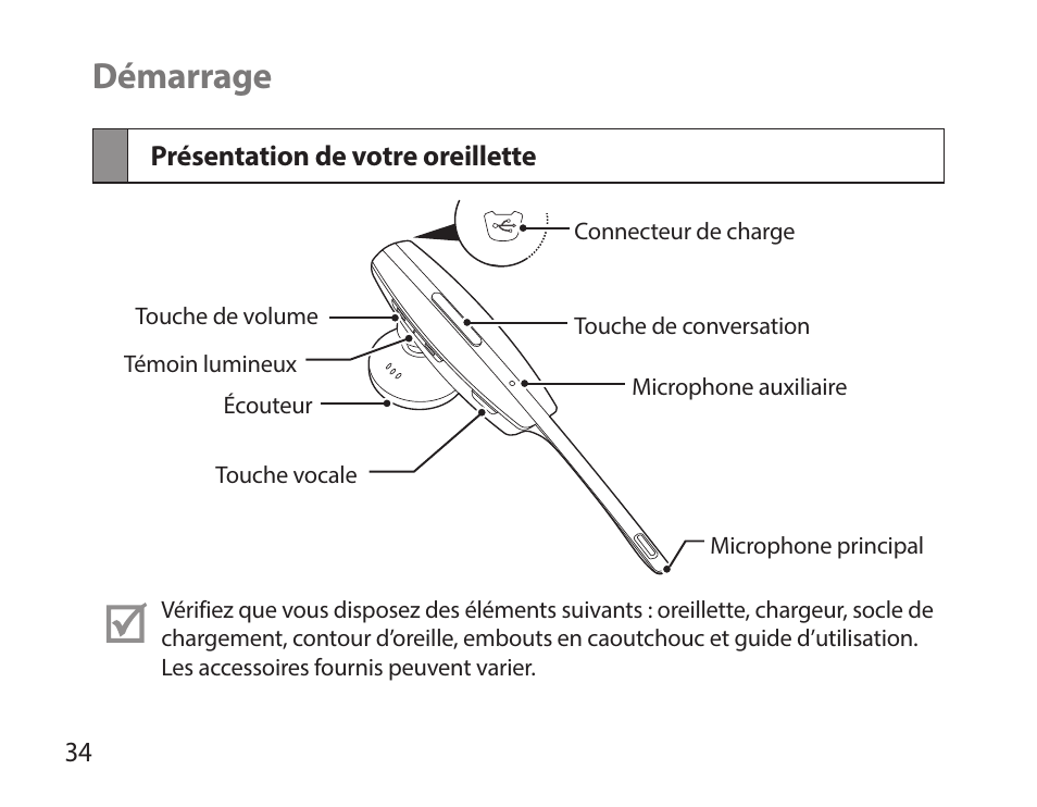 Démarrage, Présentation de votre oreillette | Samsung HM7000 User Manual | Page 36 / 160
