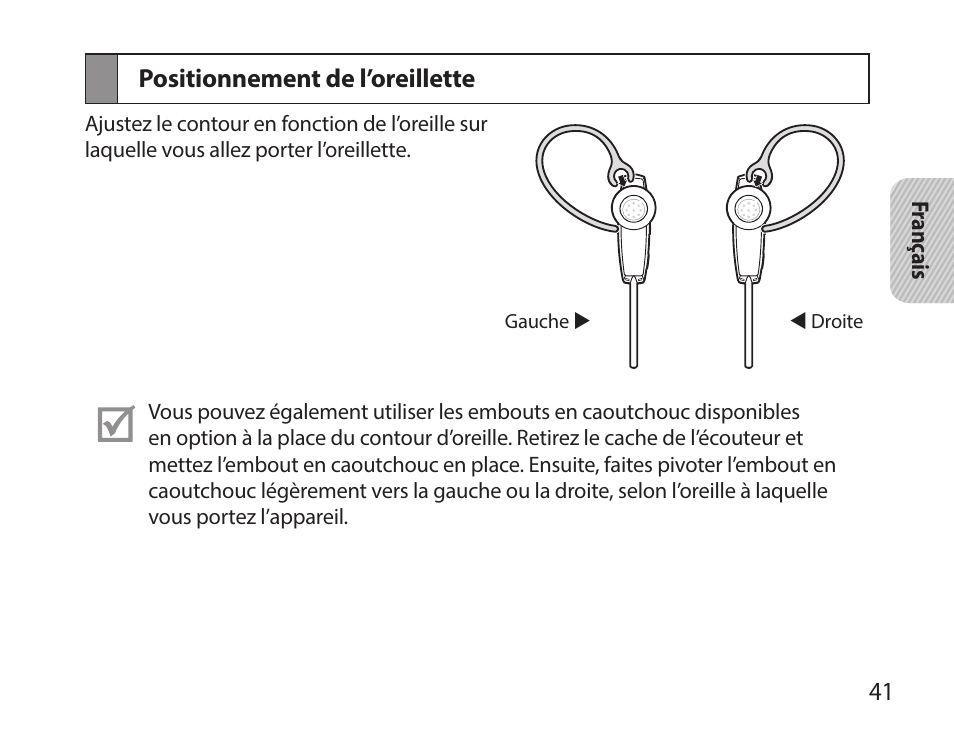 Positionnement de l’oreillette | Samsung HM7000 User Manual | Page 43 / 160