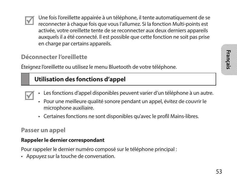 Utilisation des fonctions d’appel | Samsung HM7000 User Manual | Page 55 / 160