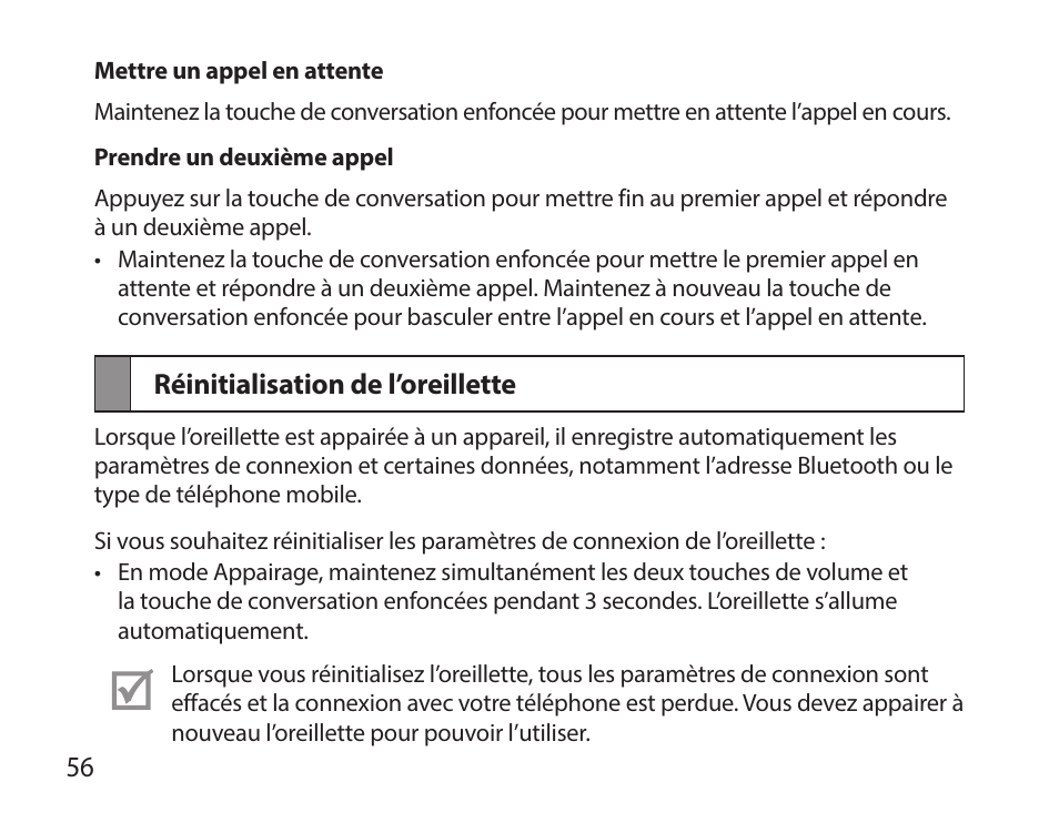 Réinitialisation de l’oreillette | Samsung HM7000 User Manual | Page 58 / 160