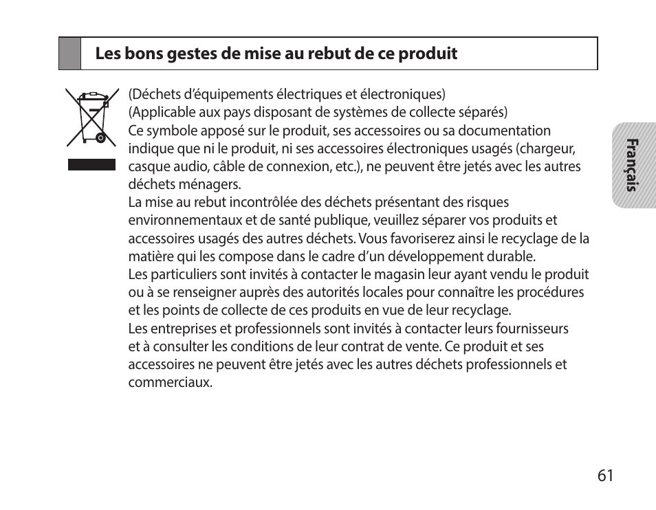 Les bons gestes de mise au rebut de ce produit | Samsung HM7000 User Manual | Page 63 / 160
