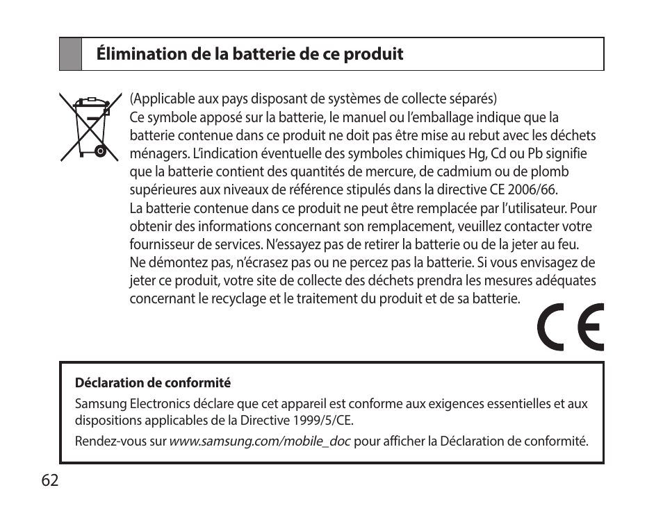 Élimination de la batterie de ce produit | Samsung HM7000 User Manual | Page 64 / 160