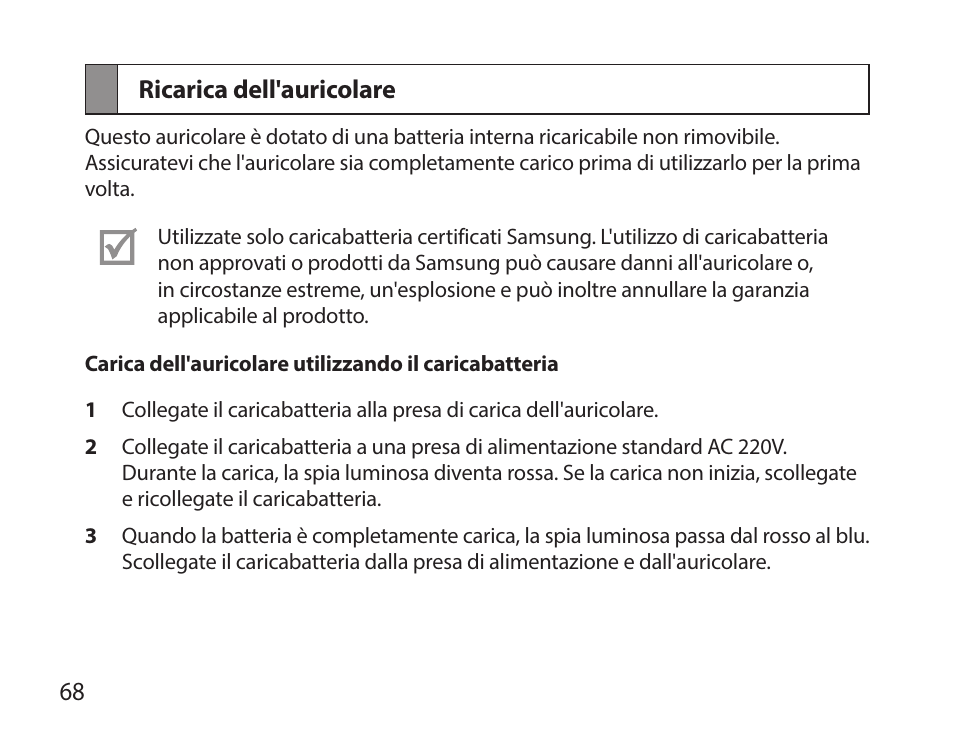 Ricarica dell'auricolare | Samsung HM7000 User Manual | Page 70 / 160