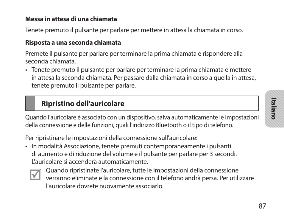 Ripristino dell'auricolare | Samsung HM7000 User Manual | Page 89 / 160
