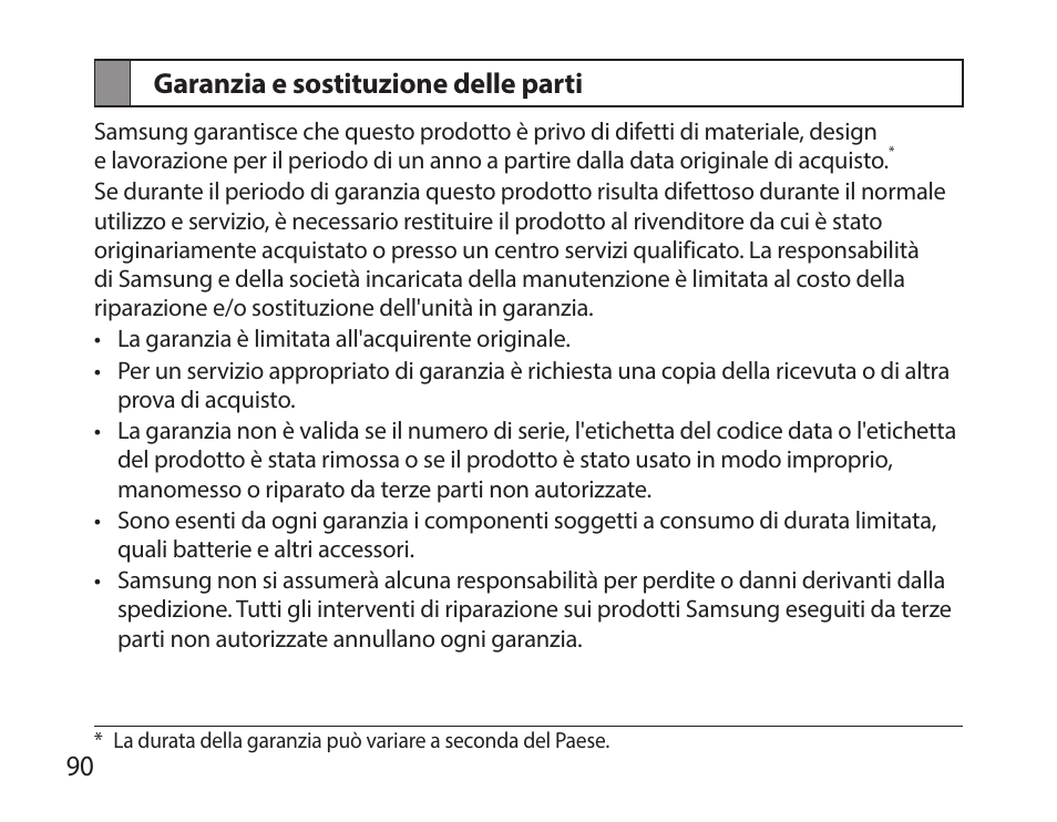 Garanzia e sostituzione delle parti | Samsung HM7000 User Manual | Page 92 / 160