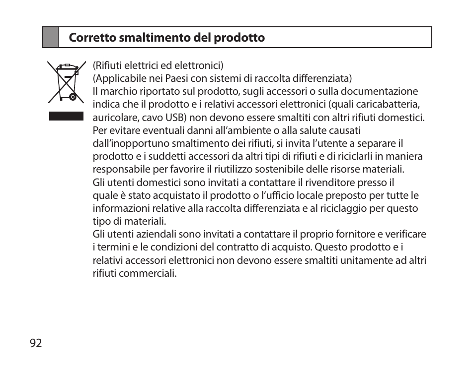 Corretto smaltimento del prodotto | Samsung HM7000 User Manual | Page 94 / 160