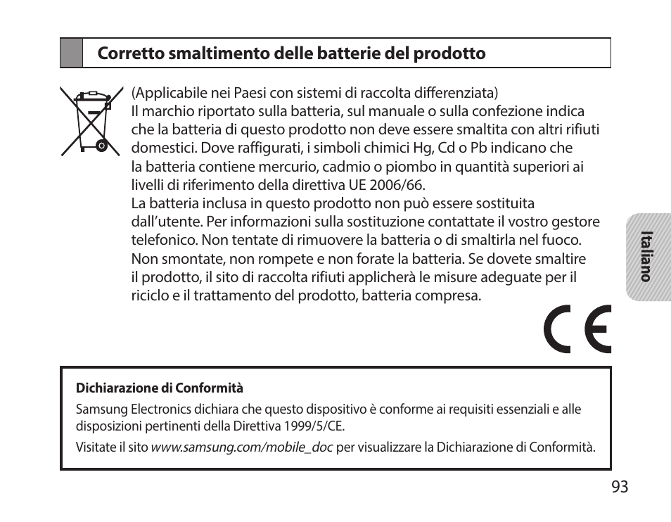 Corretto smaltimento delle batterie del prodotto | Samsung HM7000 User Manual | Page 95 / 160