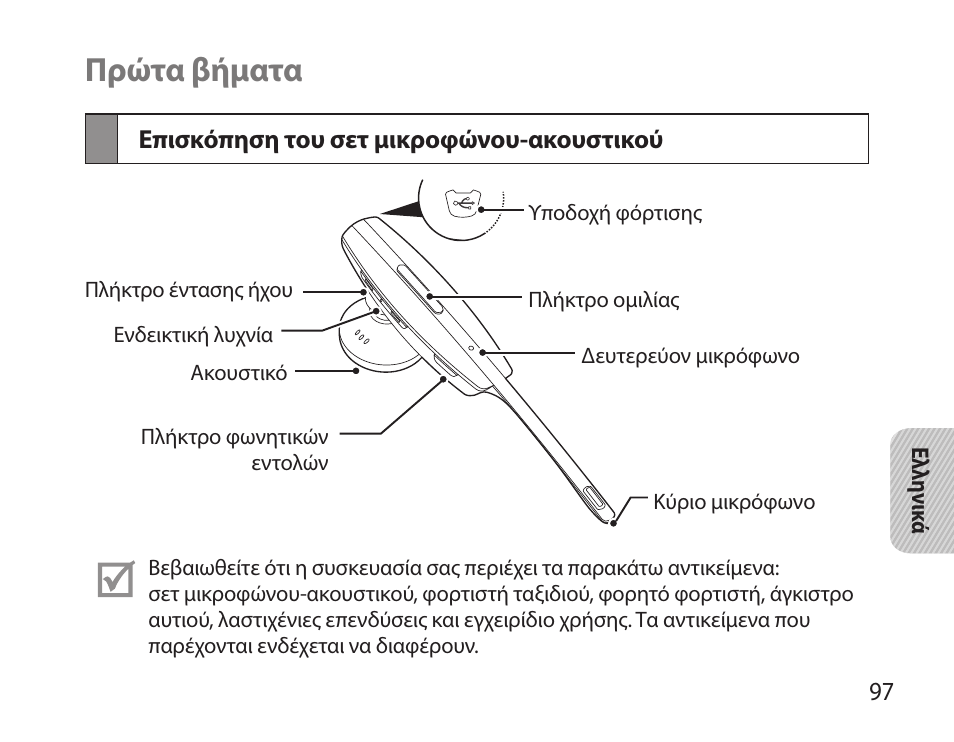 Πρώτα βήματα, Επισκόπηση του σετ μικροφώνου-ακουστικού | Samsung HM7000 User Manual | Page 99 / 160