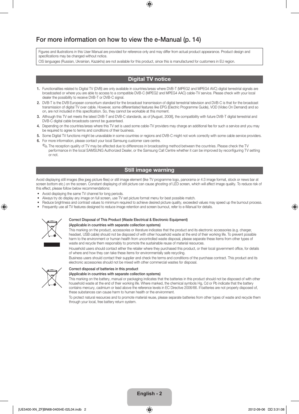 Digital tv notice, Still image warning | Samsung UE22ES5400W User Manual | Page 2 / 88