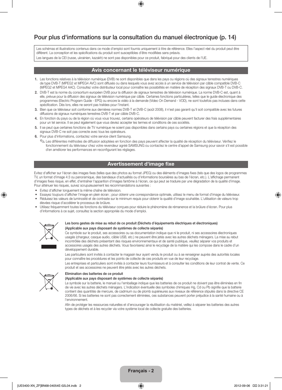 Avis concernant le téléviseur numérique, Avertissement d'image fixe | Samsung UE22ES5400W User Manual | Page 24 / 88