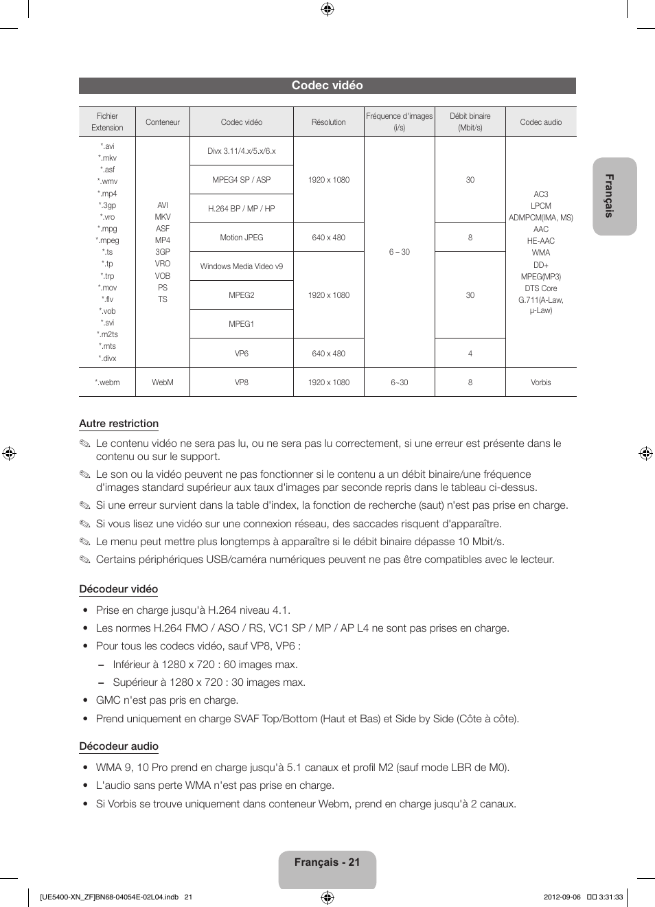 Codec vidéo | Samsung UE22ES5400W User Manual | Page 43 / 88