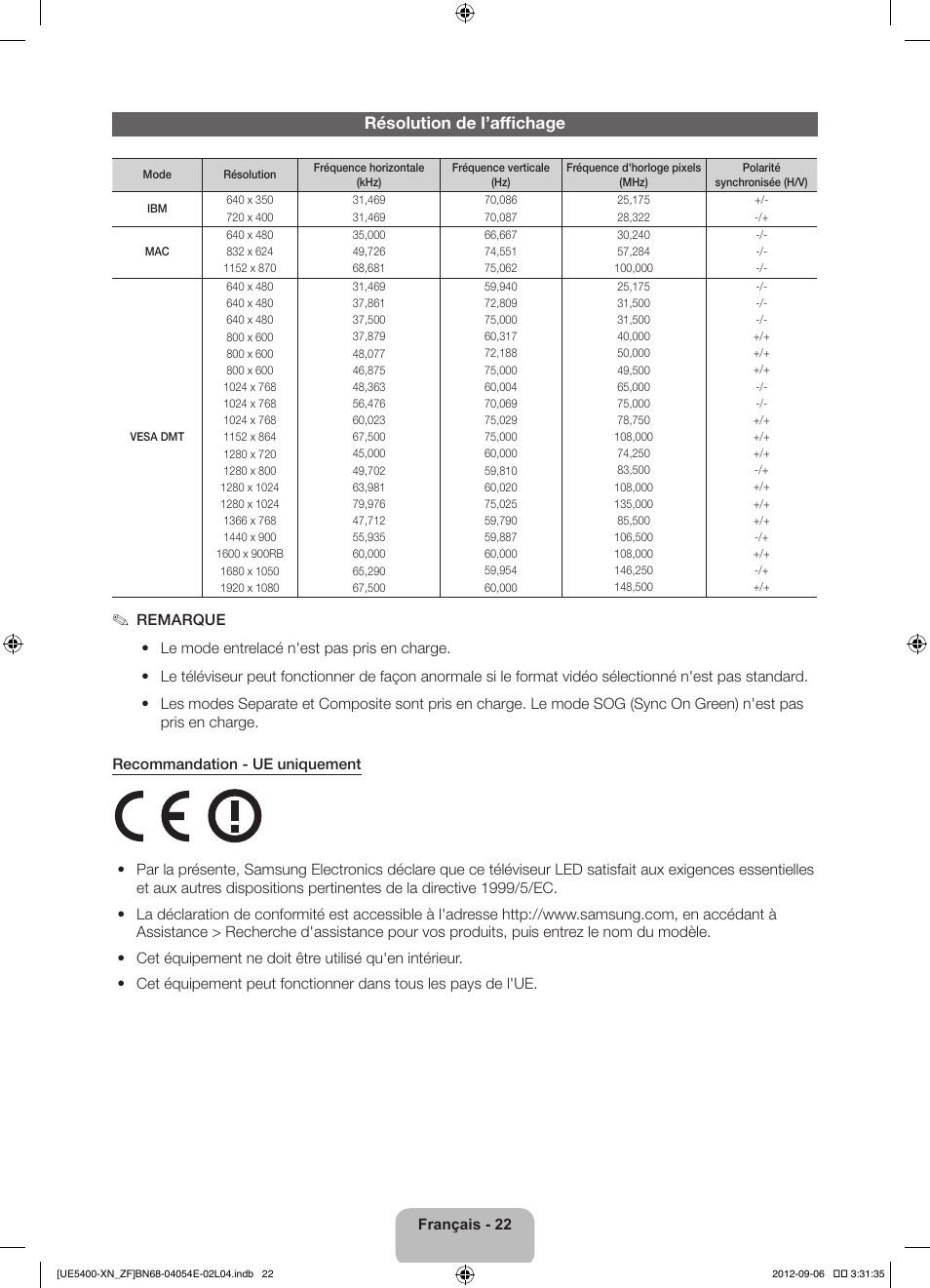 Résolution de l’affichage | Samsung UE22ES5400W User Manual | Page 44 / 88