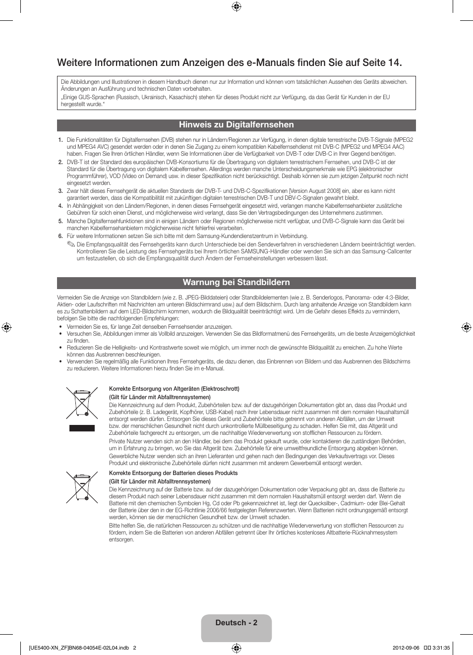 Hinweis zu digitalfernsehen, Warnung bei standbildern | Samsung UE22ES5400W User Manual | Page 46 / 88