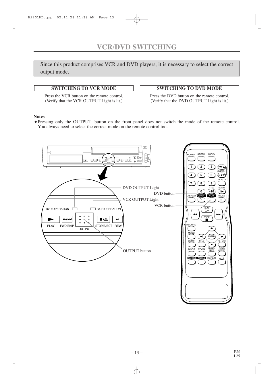 Vcr/dvd switching, Switching to vcr mode, Switching to dvd mode | 1l25 | Audiovox AXWD2002 User Manual | Page 13 / 44