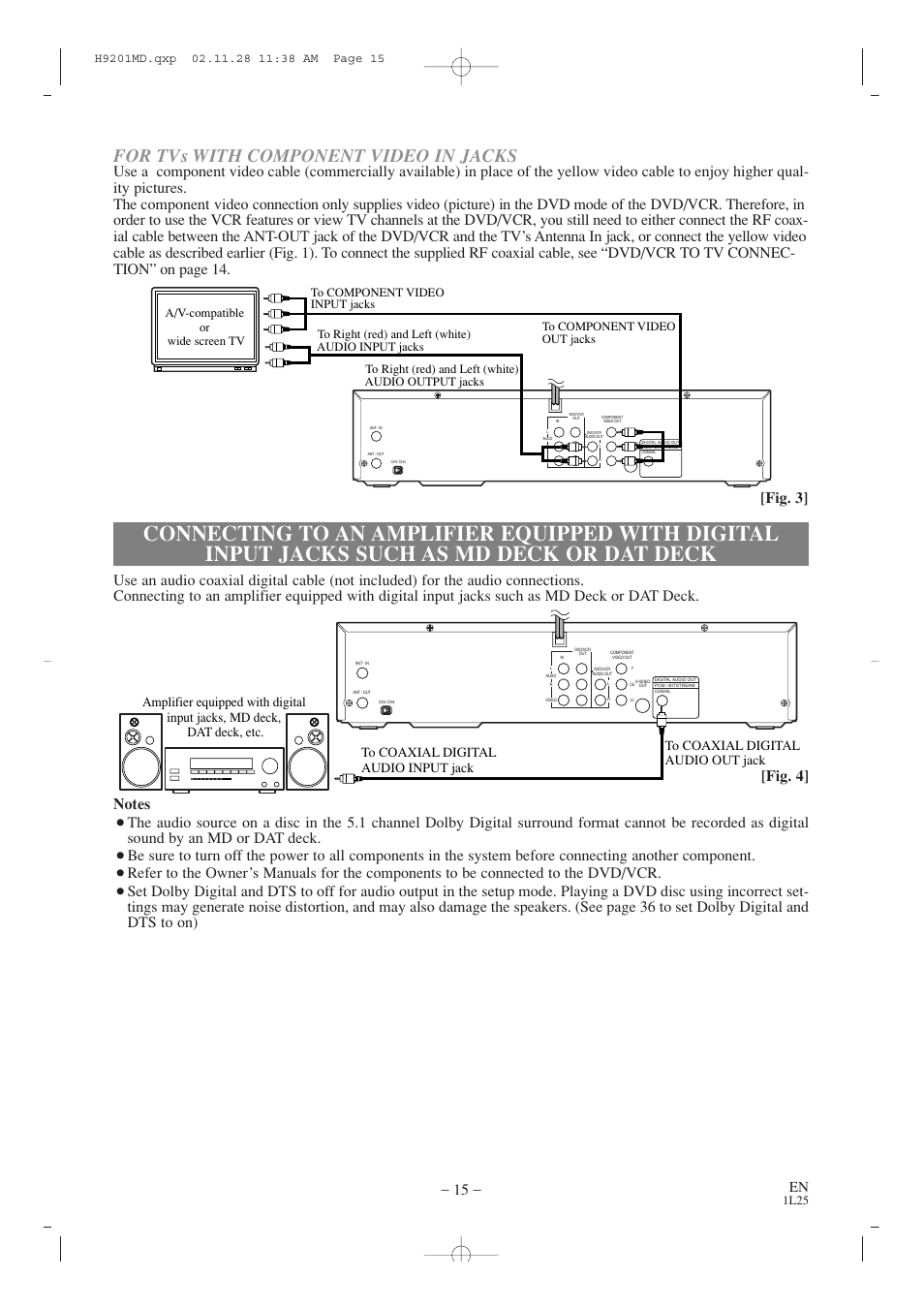 For tvs with component video in jacks, Fig. 3, 1l25 | Audiovox AXWD2002 User Manual | Page 15 / 44