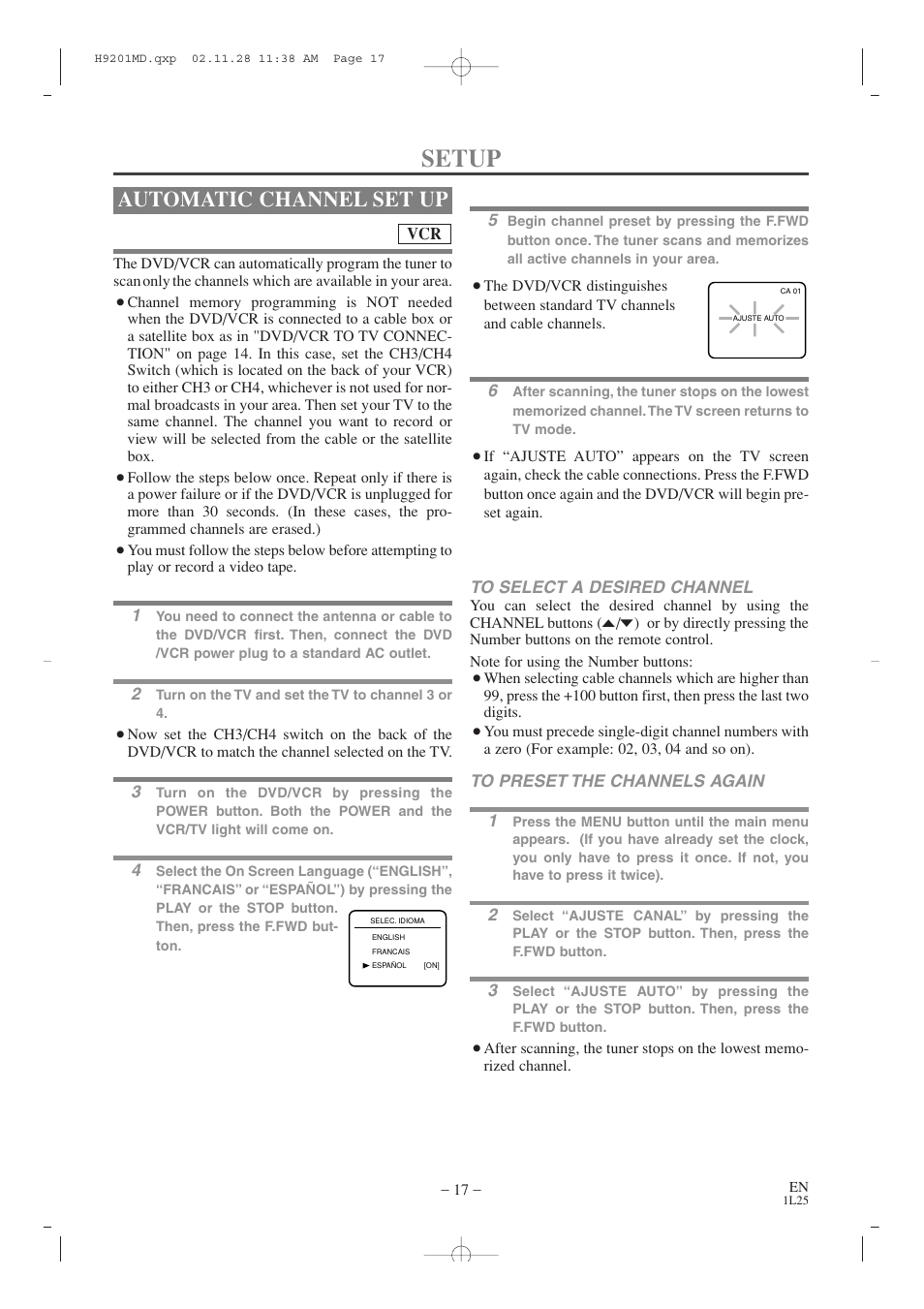Setup, Automatic channel set up | Audiovox AXWD2002 User Manual | Page 17 / 44