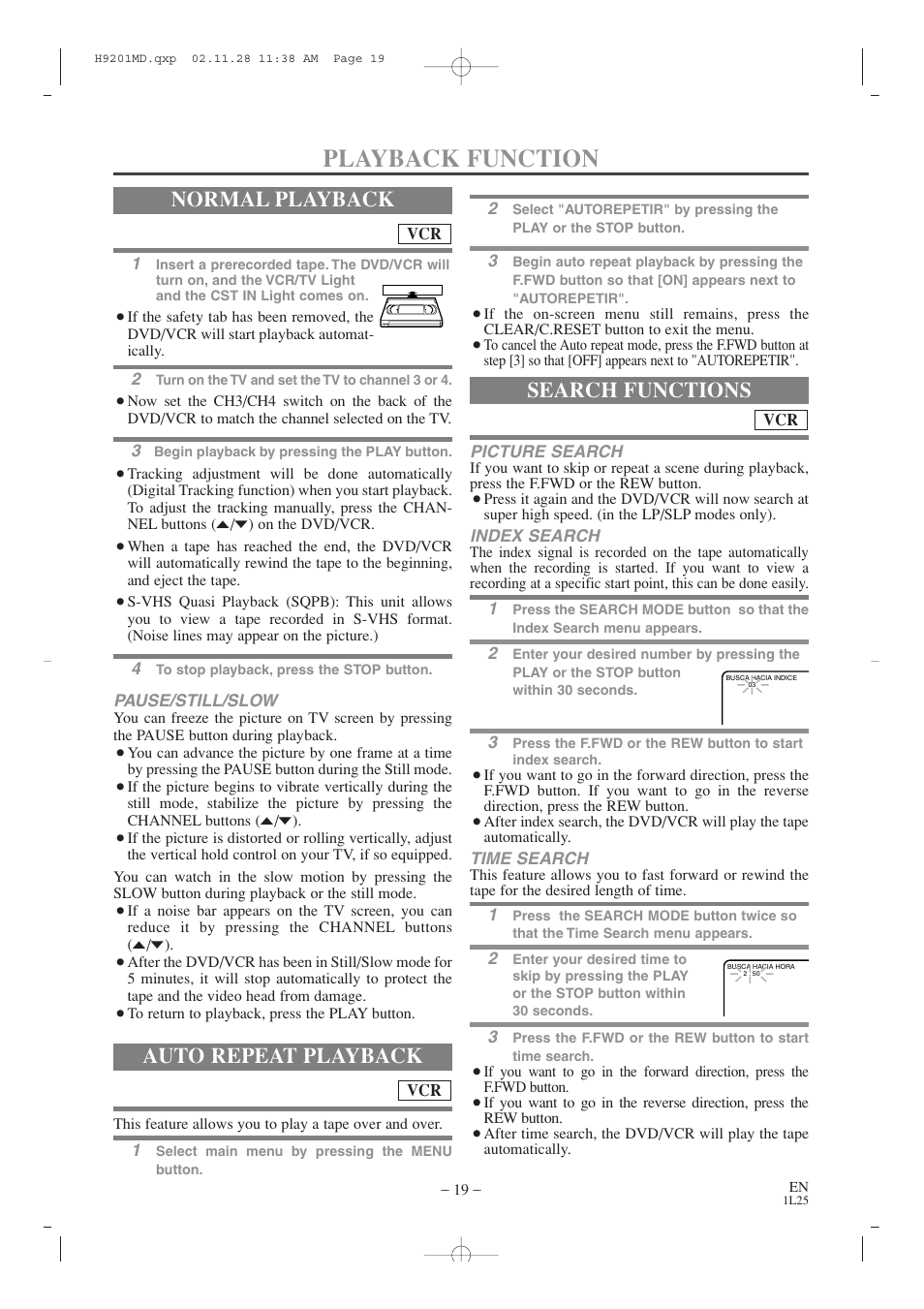 Playback function, Normal playback, Auto repeat playback | Search functions | Audiovox AXWD2002 User Manual | Page 19 / 44
