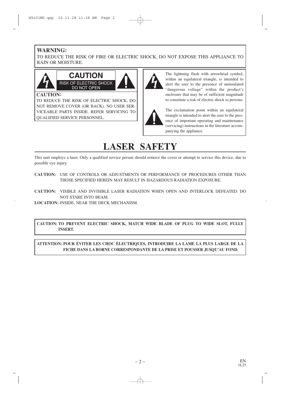 Laser safety, Caution, Warning | Audiovox AXWD2002 User Manual | Page 2 / 44