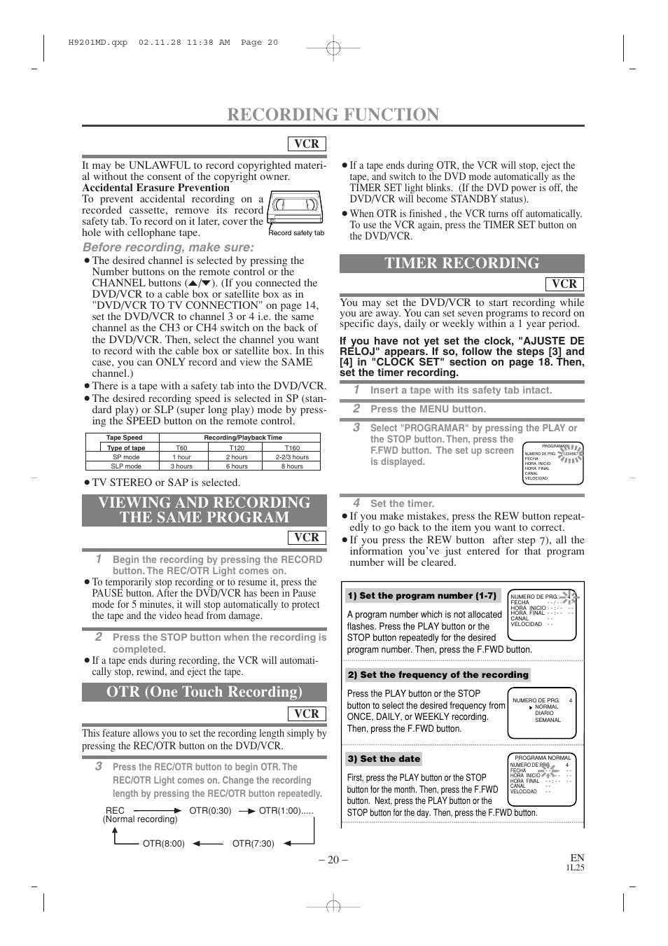 Recording function, Viewing and recording the same program, Otr (one touch recording) | Timer recording, Before recording, make sure | Audiovox AXWD2002 User Manual | Page 20 / 44