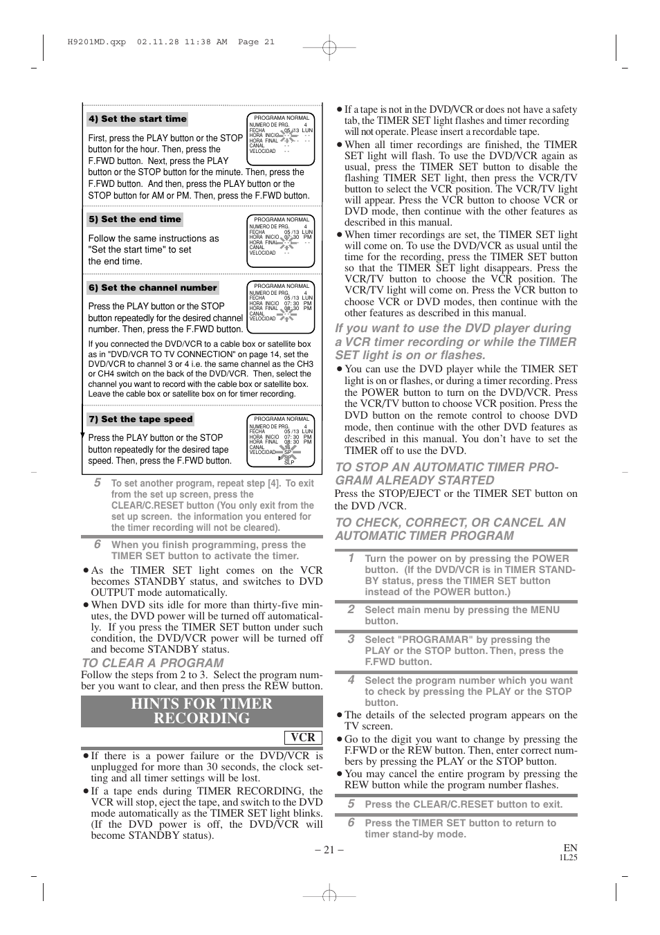 Hints for timer recording | Audiovox AXWD2002 User Manual | Page 21 / 44