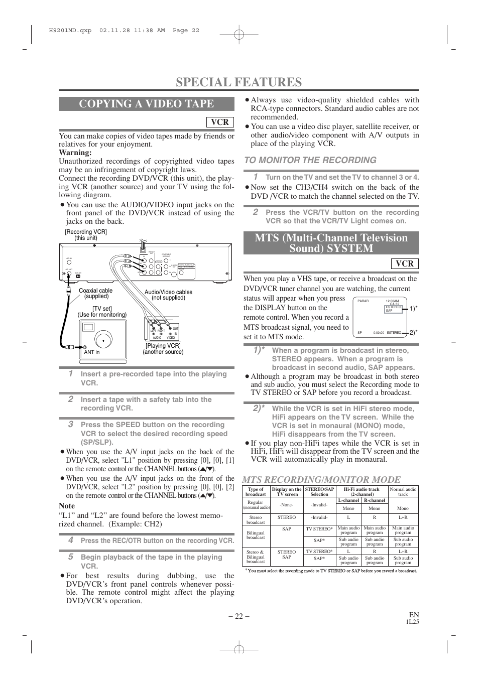 Special features, Copying a video tape, Mts (multi-channel television sound) system | Mts recording/monitor mode, Insert a pre-recorded tape into the playing vcr, Press the rec/otr button on the recording vcr, Begin playback of the tape in the playing vcr, Turn on the tv and set the tv to channel 3 or 4 | Audiovox AXWD2002 User Manual | Page 22 / 44