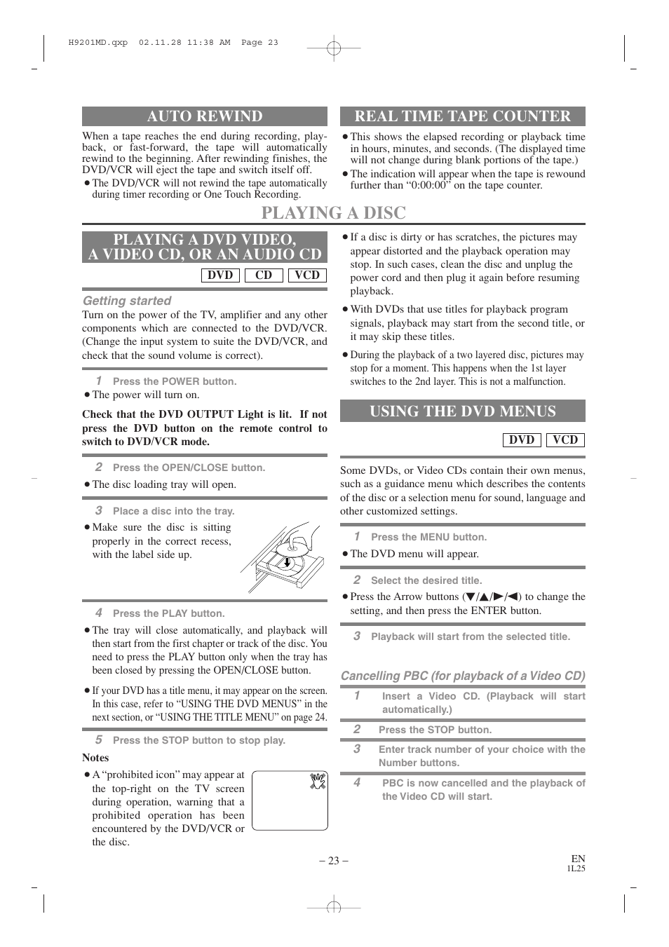 Playing a disc, Playing a dvd video, a video cd, or an audio cd, Using the dvd menus | Auto rewind, Real time tape counter | Audiovox AXWD2002 User Manual | Page 23 / 44