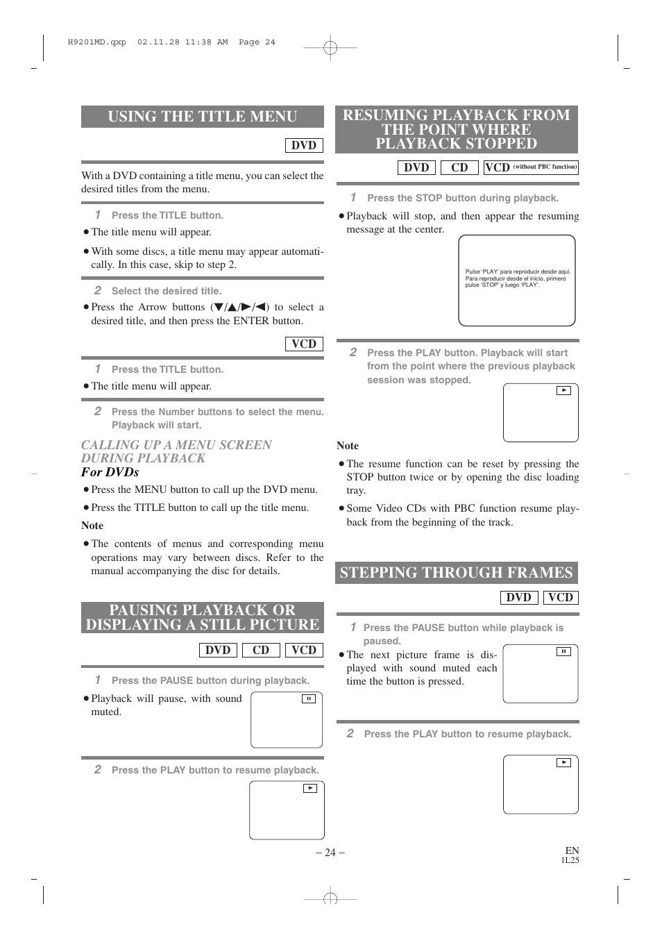 Using the title menu, Pausing playback or displaying a still picture, Stepping through frames | Calling up a menu screen during playback for dvds | Audiovox AXWD2002 User Manual | Page 24 / 44