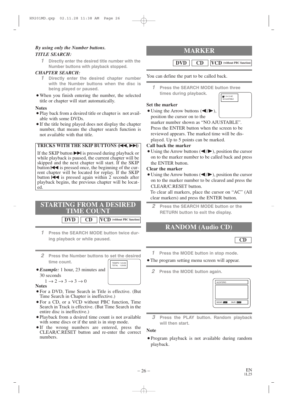 Starting from a desired time count, Marker random (audio cd) | Audiovox AXWD2002 User Manual | Page 26 / 44