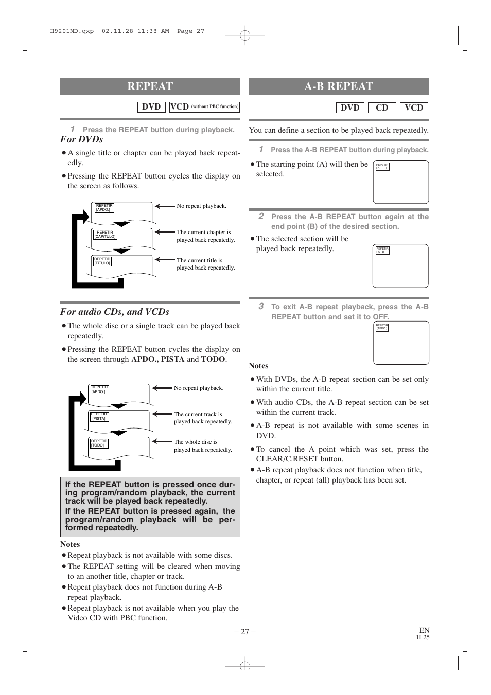 Repeat, A-b repeat, For dvds | For audio cds, and vcds | Audiovox AXWD2002 User Manual | Page 27 / 44