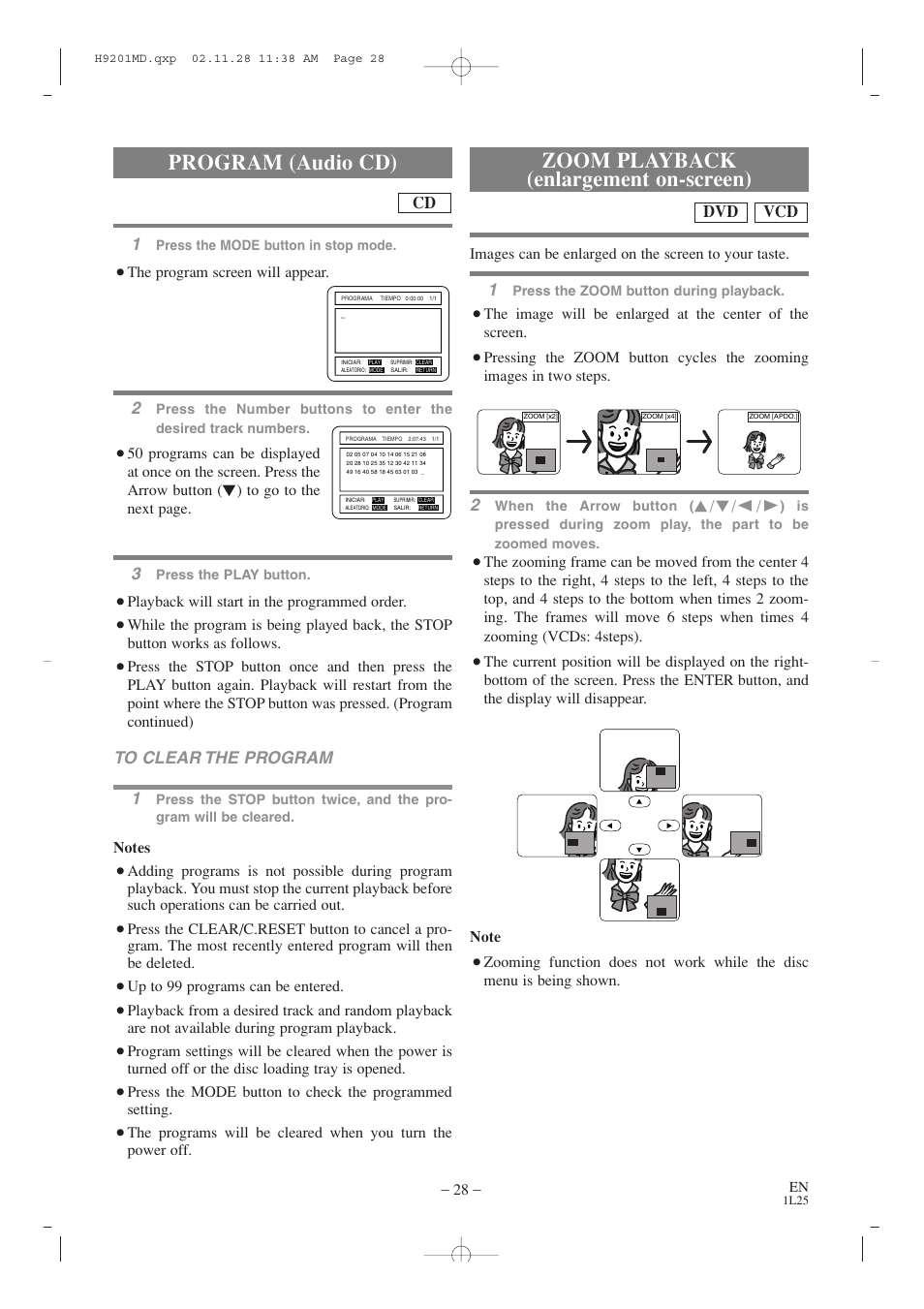 Program (audio cd), Zoom playback (enlargement on-screen), Vcd dvd | Audiovox AXWD2002 User Manual | Page 28 / 44