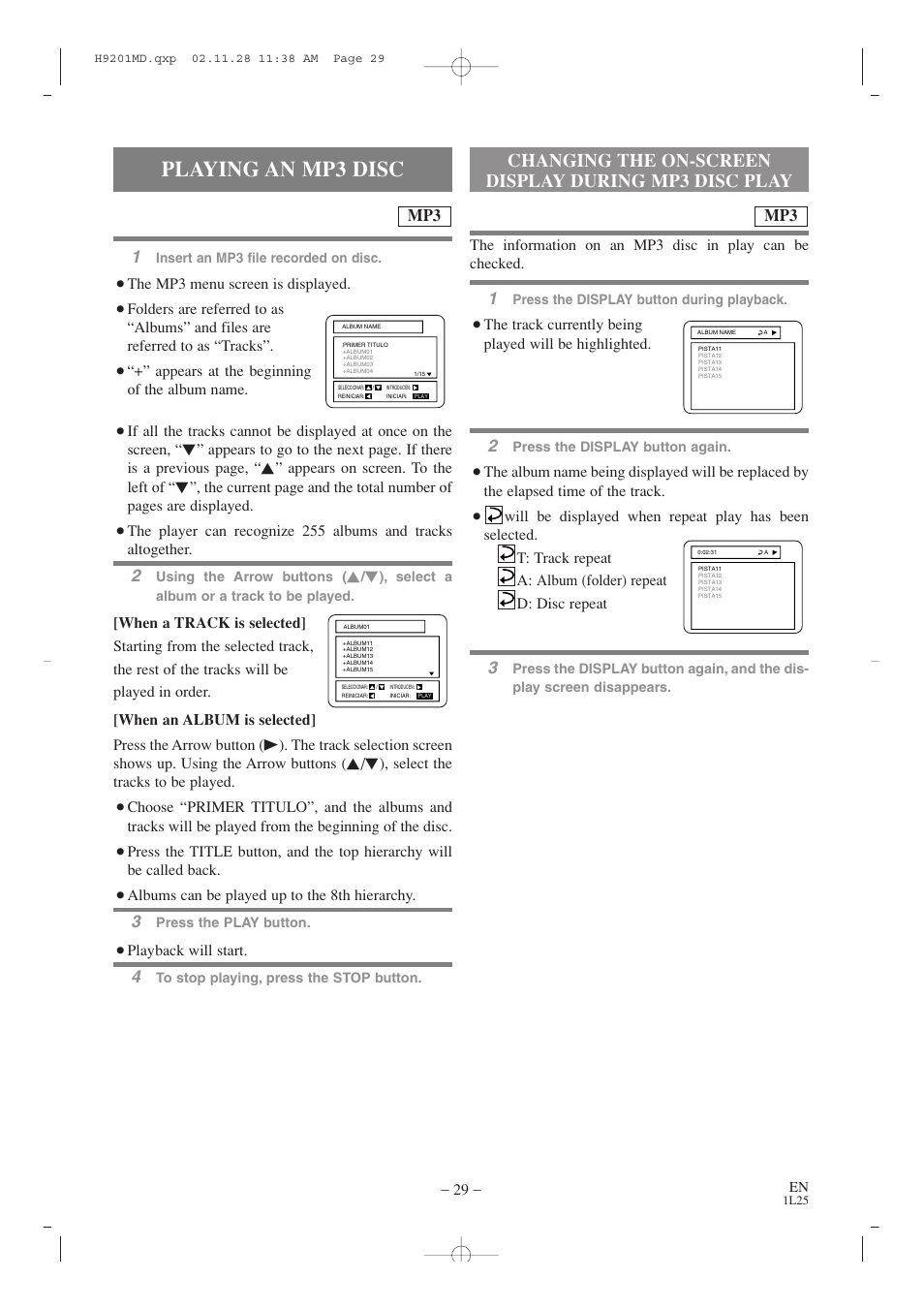 Playing an mp3 disc | Audiovox AXWD2002 User Manual | Page 29 / 44