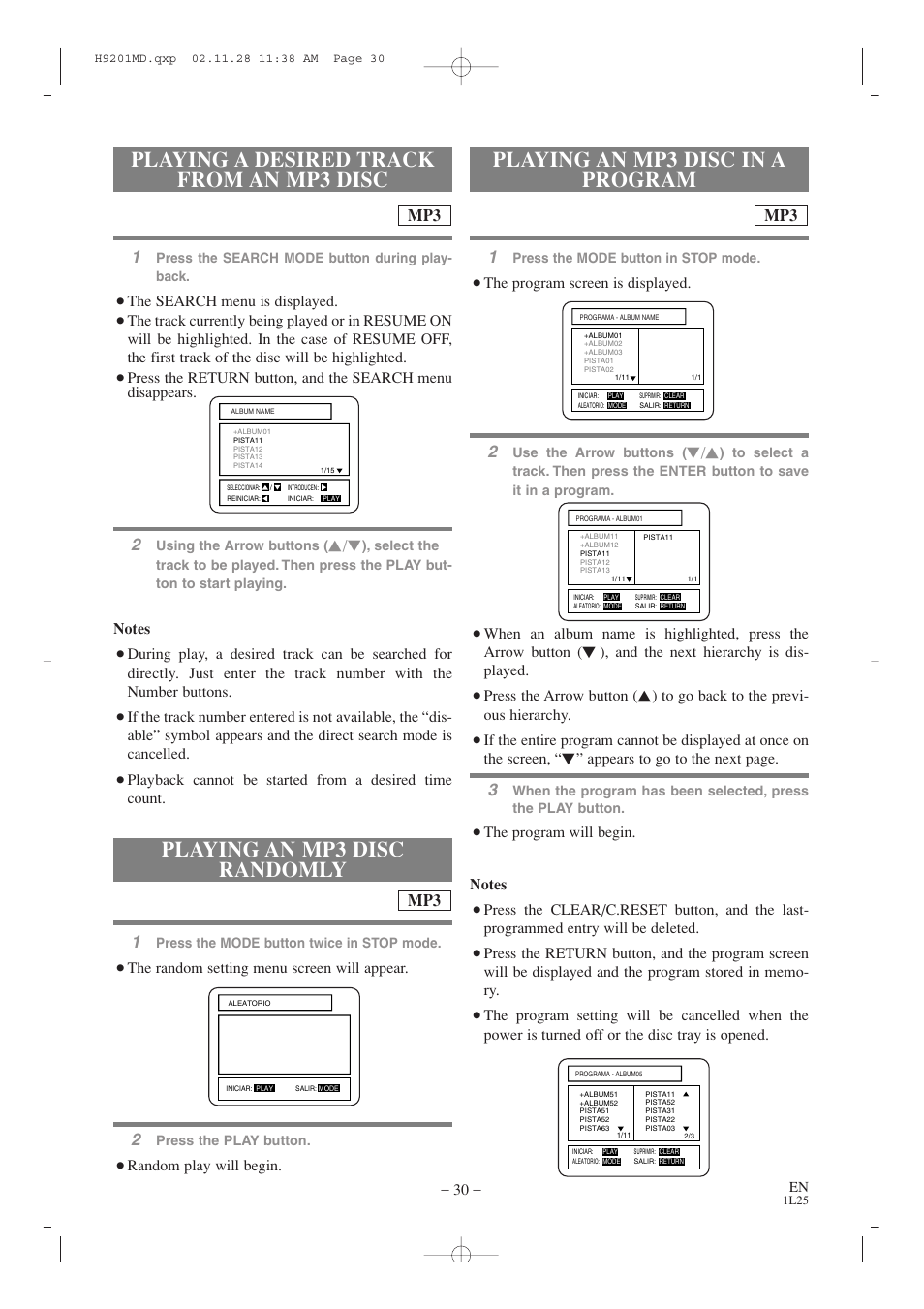 Playing an mp3 disc randomly, The program screen is displayed, The random setting menu screen will appear | Random play will begin, The search menu is displayed, And the next hierarchy is dis- played, Press the arrow button, Appears to go to the next page | Audiovox AXWD2002 User Manual | Page 30 / 44