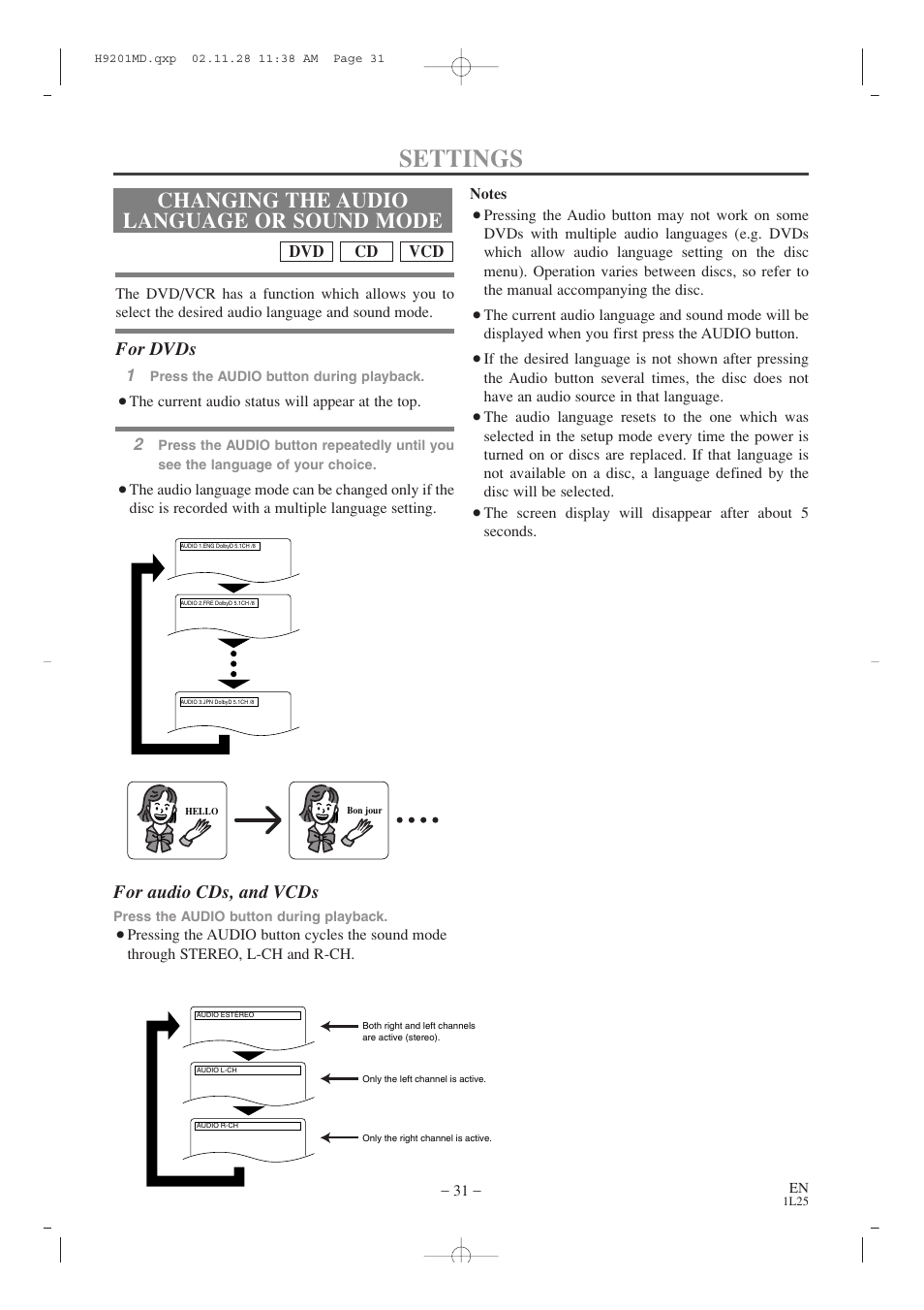 Settings, Changing the audio language or sound mode, For dvds | For audio cds, and vcds | Audiovox AXWD2002 User Manual | Page 31 / 44
