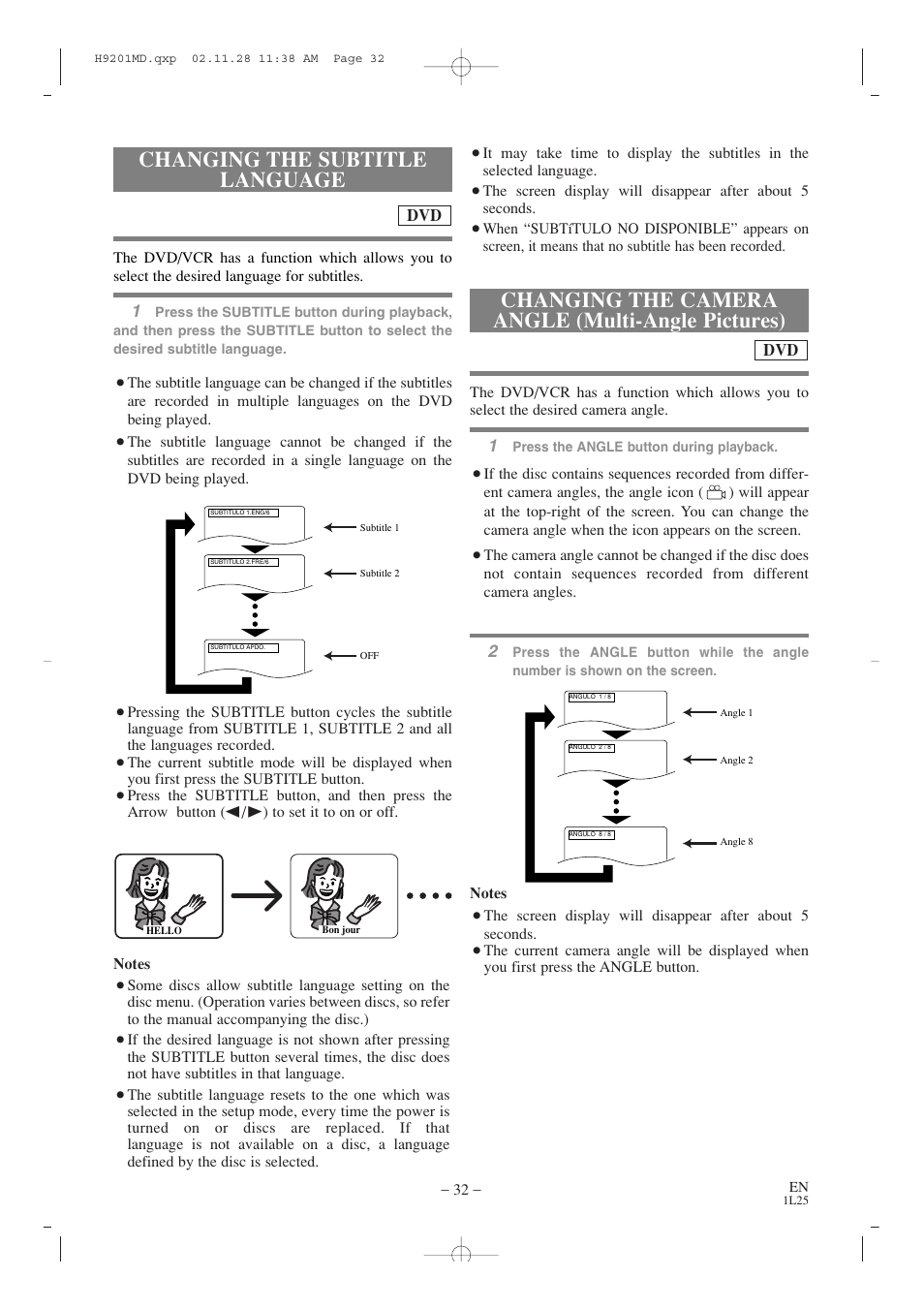 Changing the camera angle (multi-angle pictures), Changing the subtitle language | Audiovox AXWD2002 User Manual | Page 32 / 44