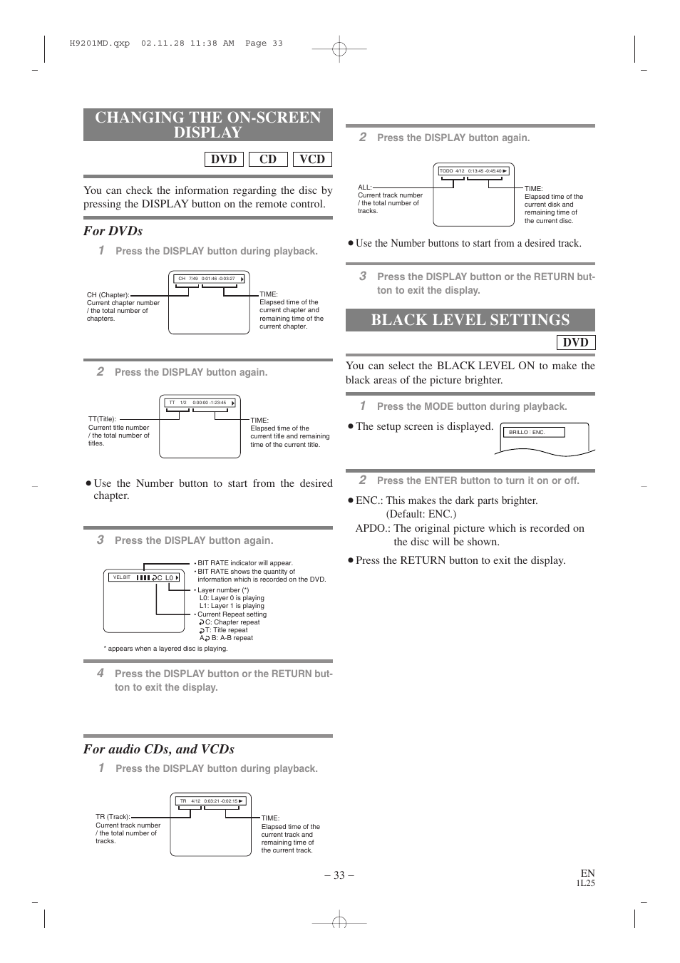 Changing the on-screen display, Black level settings, For dvds | For audio cds, and vcds | Audiovox AXWD2002 User Manual | Page 33 / 44