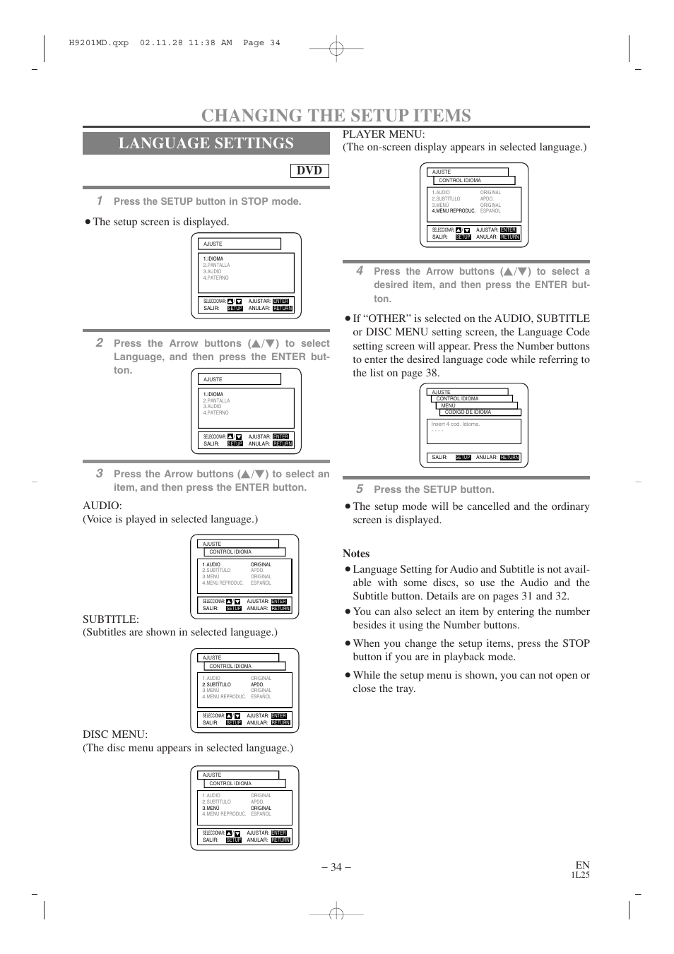 Changing the setup items, Language settings, The setup screen is displayed | Press the setup button in stop mode, Press the arrow buttons, Press the setup button | Audiovox AXWD2002 User Manual | Page 34 / 44