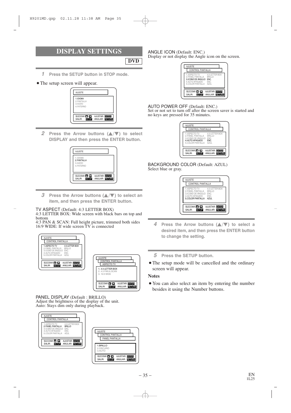 Display settings, The setup screen will appear, Press the arrow buttons | Press the setup button, Press the setup button in stop mode | Audiovox AXWD2002 User Manual | Page 35 / 44