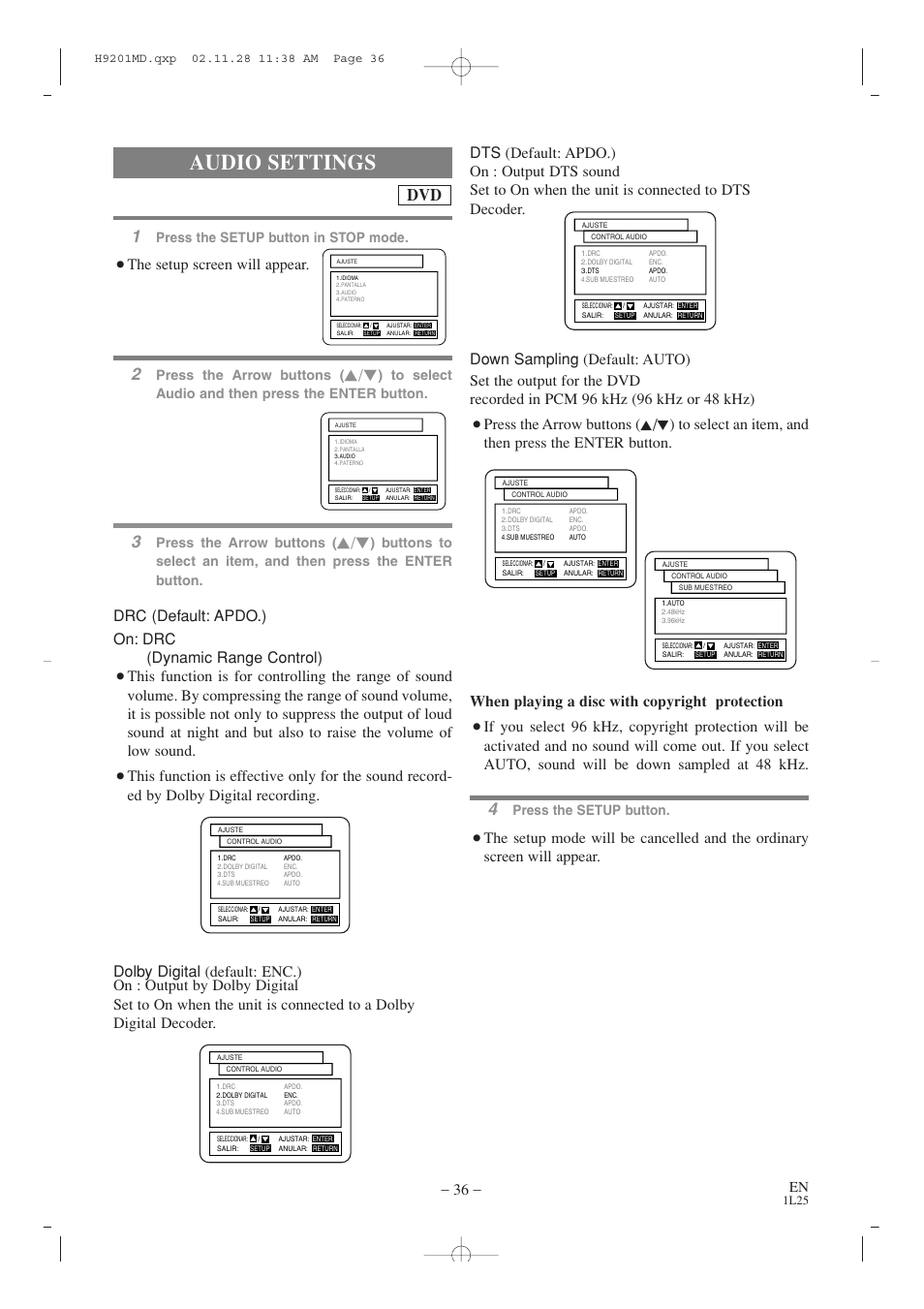 Audio settings, The setup screen will appear, Press the setup button in stop mode | Press the arrow buttons, Press the setup button | Audiovox AXWD2002 User Manual | Page 36 / 44