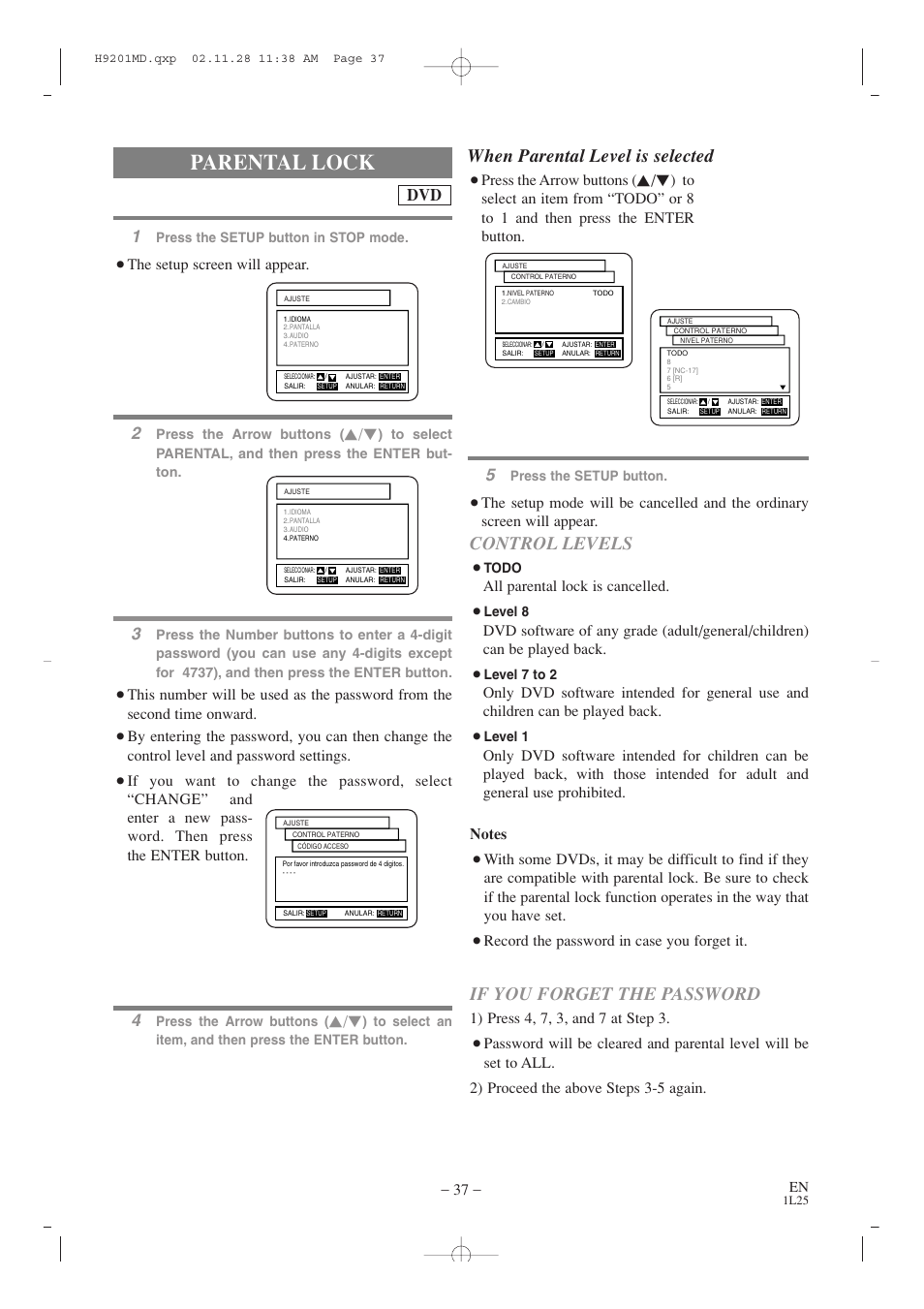 Parental lock, When parental level is selected, Control levels | If you forget the password, Press the arrow buttons, All parental lock is cancelled, Record the password in case you forget it, The setup screen will appear | Audiovox AXWD2002 User Manual | Page 37 / 44