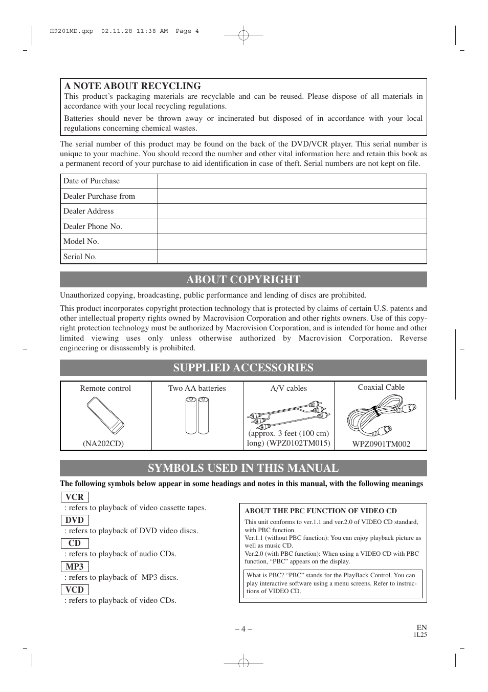 About copyright, Symbols used in this manual, Supplied accessories | Audiovox AXWD2002 User Manual | Page 4 / 44