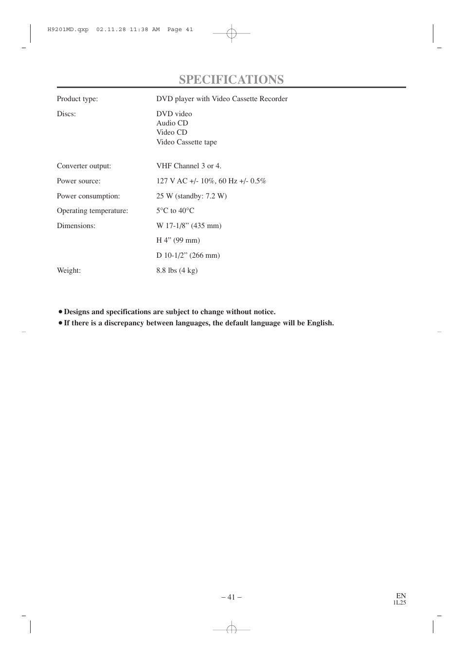 Specifications | Audiovox AXWD2002 User Manual | Page 41 / 44