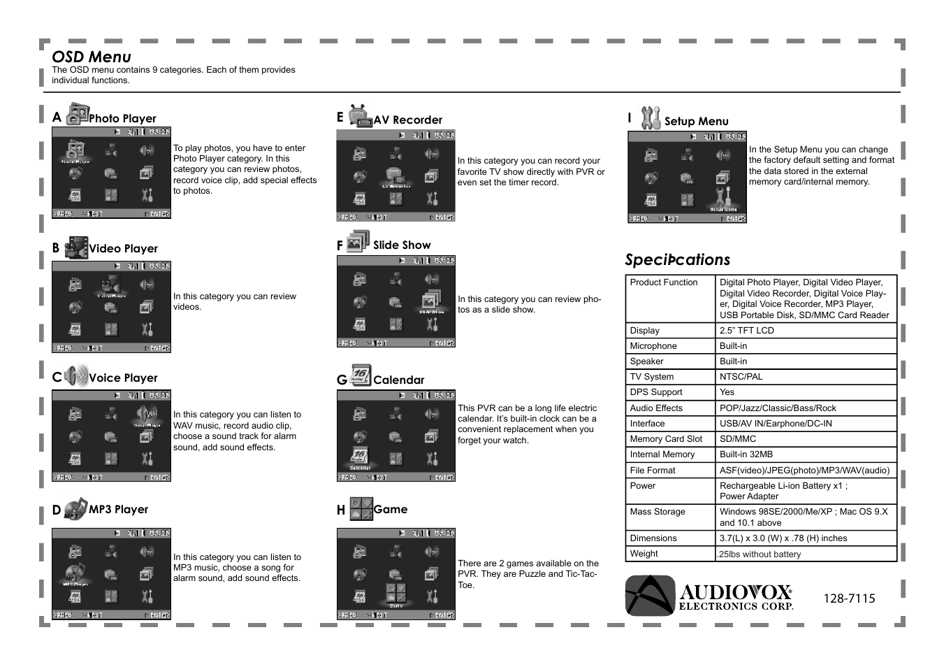 Osd menu, Speciþ cations | Audiovox 82-168-00030 User Manual | Page 2 / 2