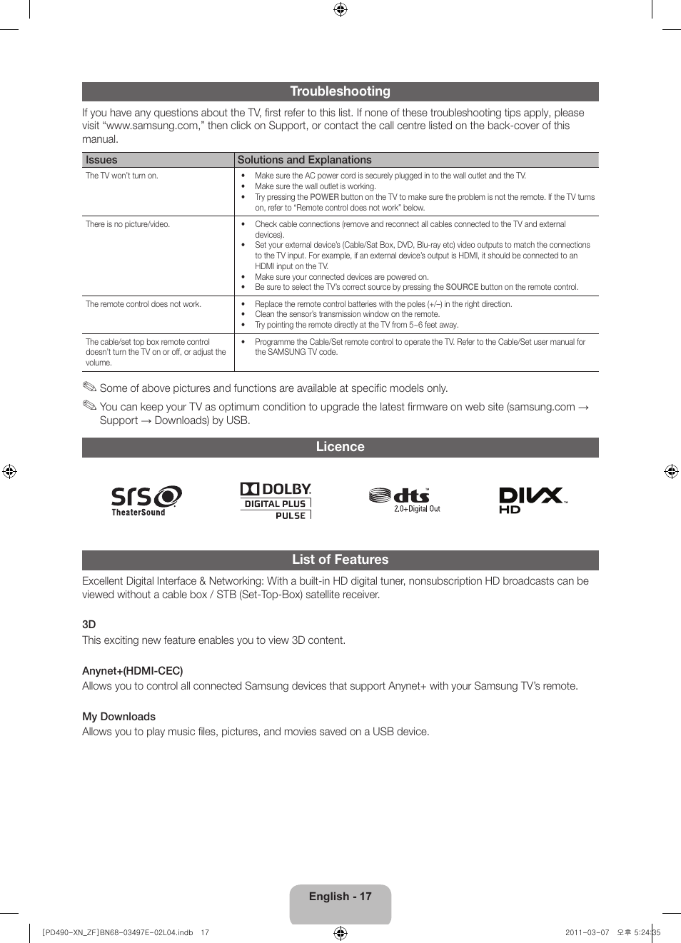 Troubleshooting, Licence list of features | Samsung PS43D490A1W User Manual | Page 17 / 78