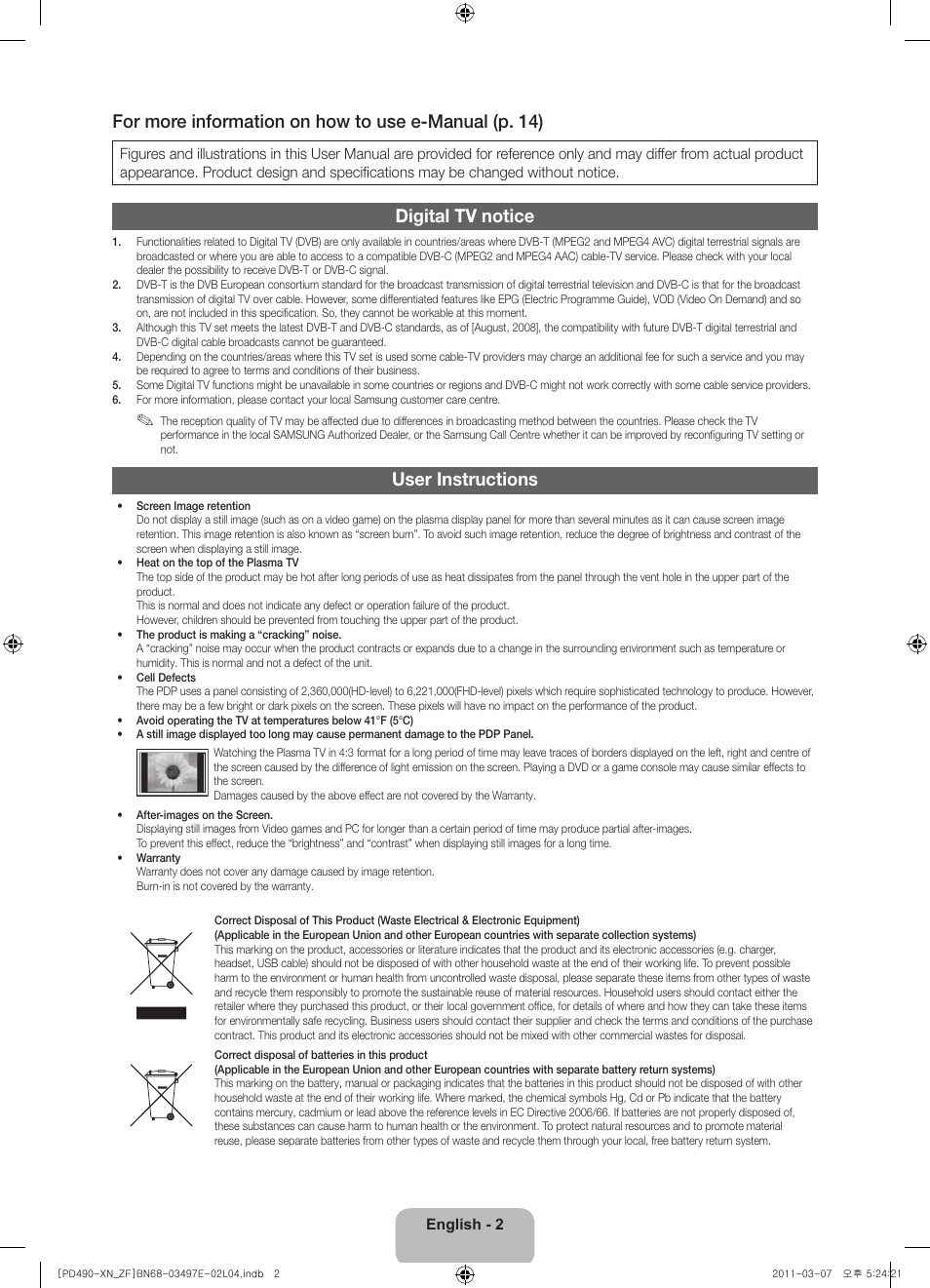 Digital tv notice, User instructions | Samsung PS43D490A1W User Manual | Page 2 / 78