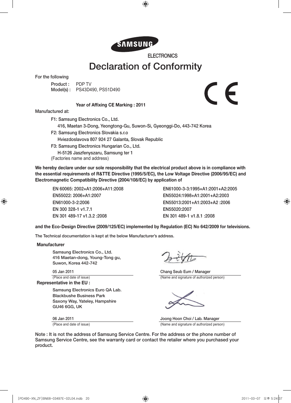 Declaration of conformity, Electronics | Samsung PS43D490A1W User Manual | Page 20 / 78