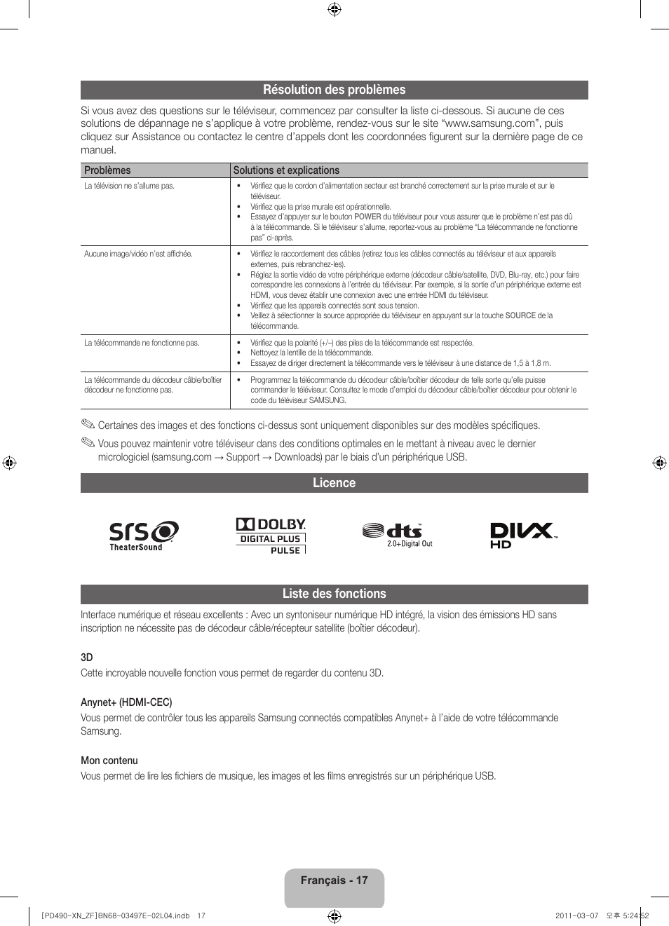 Résolution des problèmes, Licence liste des fonctions | Samsung PS43D490A1W User Manual | Page 37 / 78