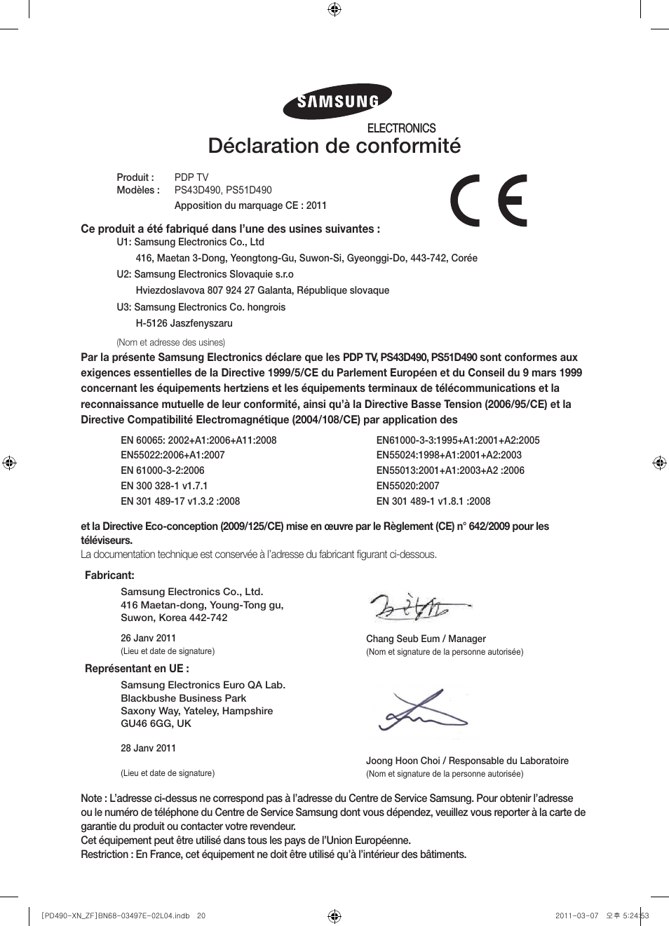 Déclaration de conformité | Samsung PS43D490A1W User Manual | Page 40 / 78