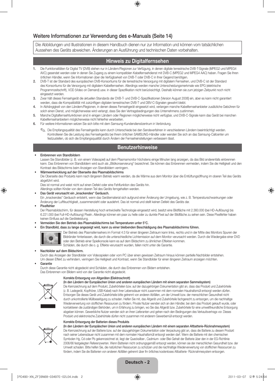 Hinweis zu digitalfernsehen, Benutzerhinweise | Samsung PS43D490A1W User Manual | Page 42 / 78