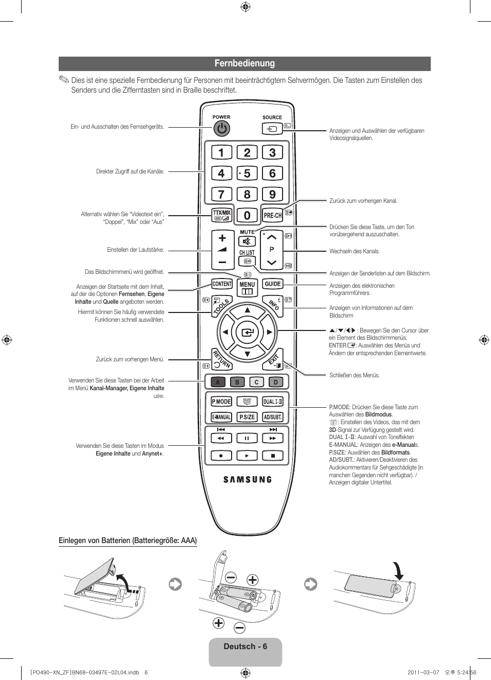 Fernbedienung | Samsung PS43D490A1W User Manual | Page 46 / 78