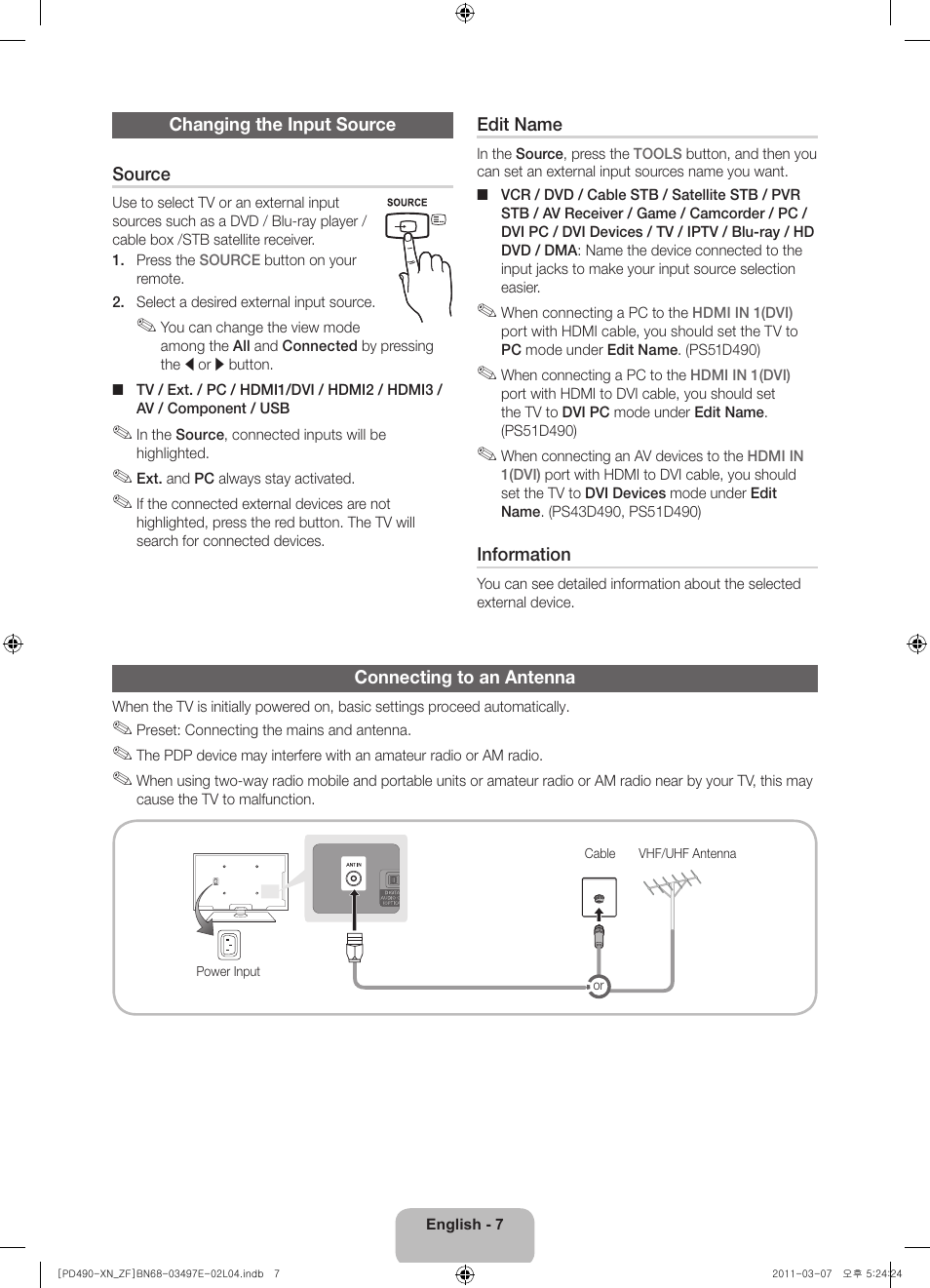 Samsung PS43D490A1W User Manual | Page 7 / 78